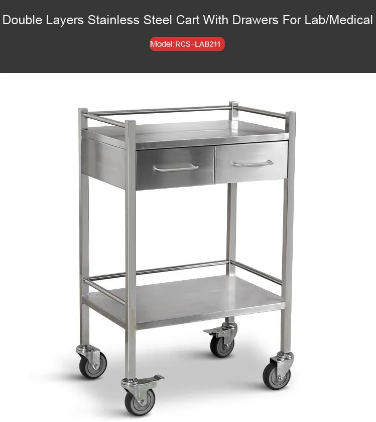 2 Layer Tool Trolley Cart Stainless Steel Lab Cart With Drawers
