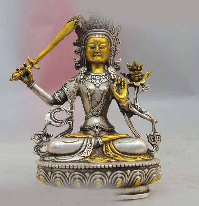 

8" China Tibet Buddhism Silver gild Manjusri Bodhisattva Manjushri Buddha Statue