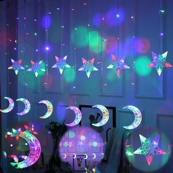 220V EU LED Star Moon Christmas Garlands String Fairy Lights Curtain Lights Outdoor For Xmas Party Garden Wedding Decorations 220v 138pcs led fairy string lights star curtain lights waterproof outdoor christmas decorations for home wedding garlands natal