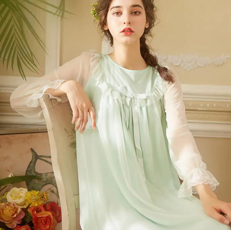 Новые сетки лоскутное palacess Стиль Хлопок колокол рукавом ночные рубашки «Принцесса» элегантный красивый лук женский сна платье gx1186