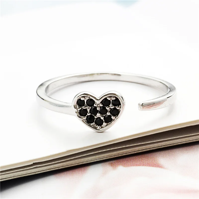 black zircon heart ring 100% Sterling 925 silver Jewelry Vintage Adjustable rings for women girl gift free size rings