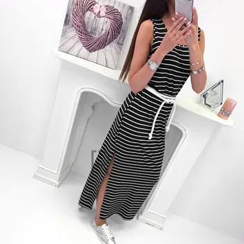 

Fashion Long Dress Striped For Women Belt Bandage Casual Dress Split Tank Dress Straight Autumn Vestidos De Festa Vestido Longo