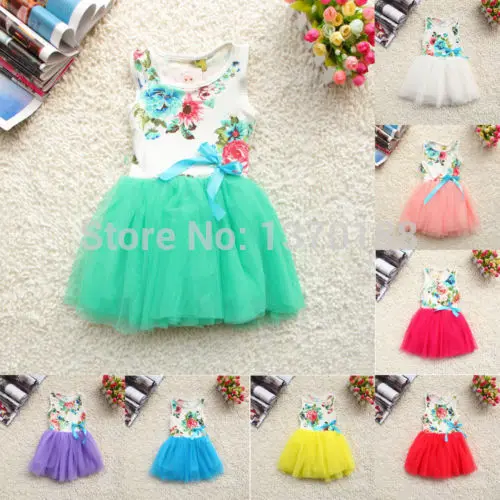 

new Girls Baby Kids Toddlers Summer Floral Print dress Bow sleeveless Tutu Dress children's clothing