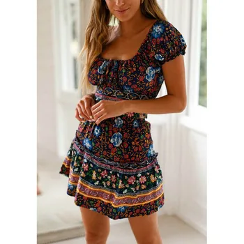 

2019 New Summer Bohemian Beach Two Piece Sets Women Floral Clothing Short Sleeve Tops Bodycon Sexy Party Beach Mini Skirt Dress
