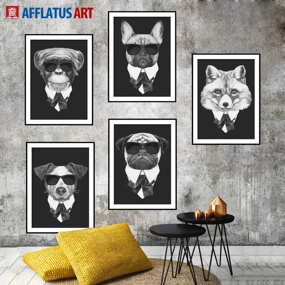 Hitam Putih Anjing Fox Monyet Mafia Hewan Dinding Seni Lukisan