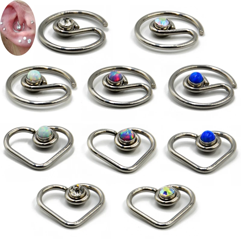 

1pc Opal CZ Gem Daith Heart Round Bendable Ring Ear Tragus Cartilage Earring Heart Ear Studs Ear Ring Piercing Body Jewelry 16G