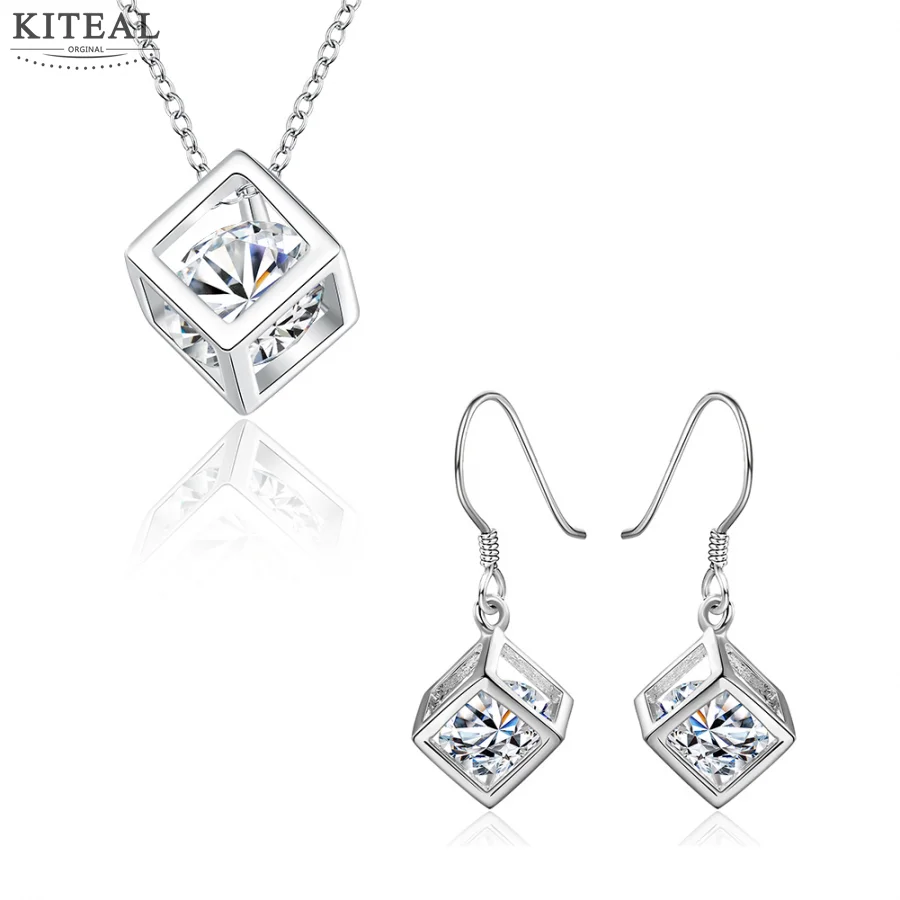 

2017 Lovely silver plated jewelry sets cube necklace with earrings Sets for women charms
