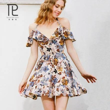 Tailor Pal Love Summer Dress Ruffle V-nect Women Dress Lotus Leaf Vintage Irregular Bow Wrap Short Cotton Casual Mini Dress #V5