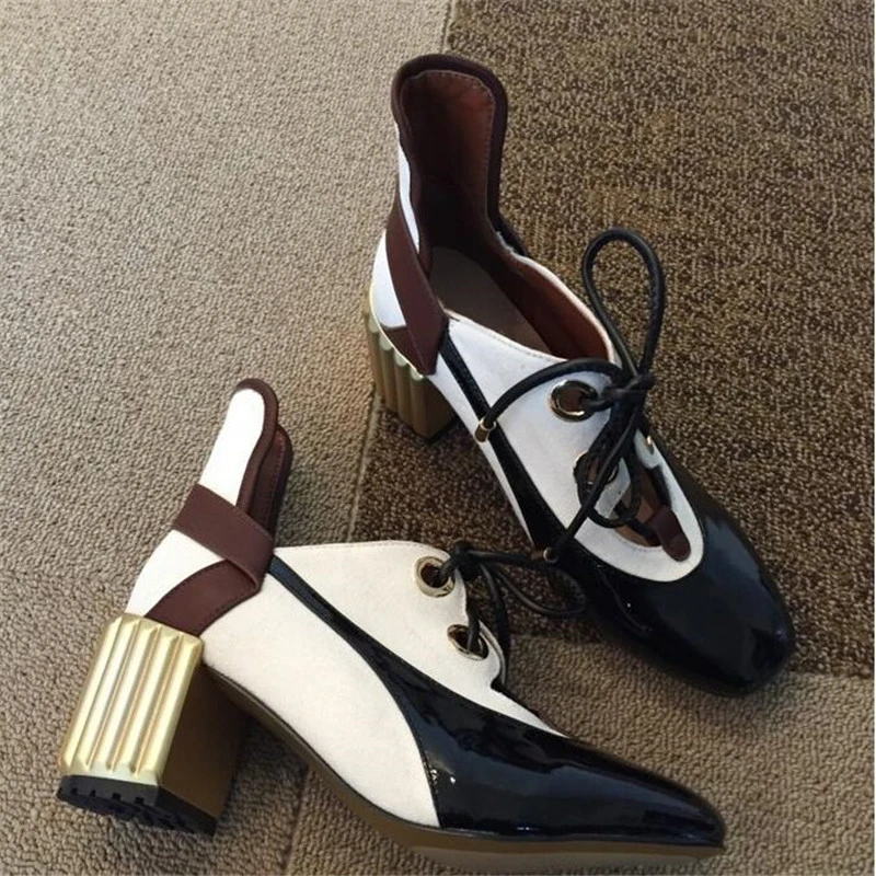 

Hanbaidi Women Pumps Mixed Color Ankle Boots Woman Round Toe Lace Up Chunky High Heel Shoes Runway Women Mary Jane Casual Shoes