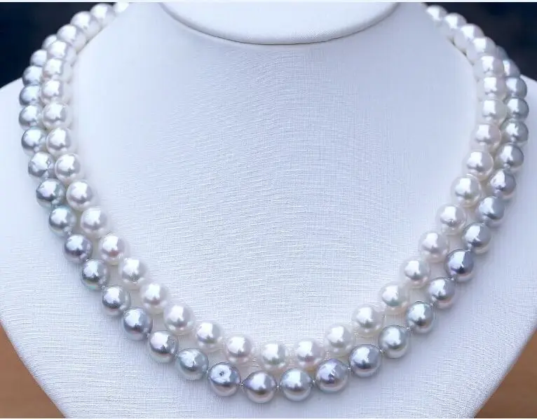 

DOUBLE STRANDS SOUTH SEA 9-10MM WHITE GREY MULTICOLOR PEARL NECKLACE 18