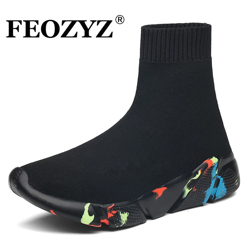 Цена FEOZYZ кроссовки; женская и Мужская дышащая спортивная обувь с вязаным верхом; женские ботинки носки; женская обувь на массивном каблуке; спорт...