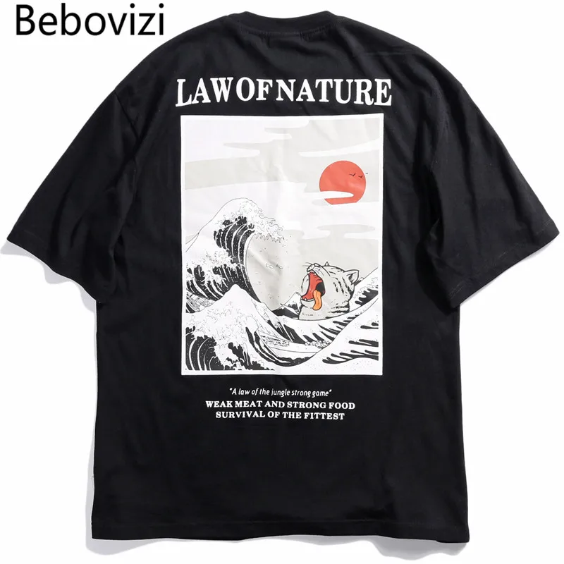 

Bebovizi 2019 Summer Funny Cat Wave Printed T Shirts Men Japan Harajuku Hip Hop Cotton Casual Short Sleeve Tops Tees Streetwear