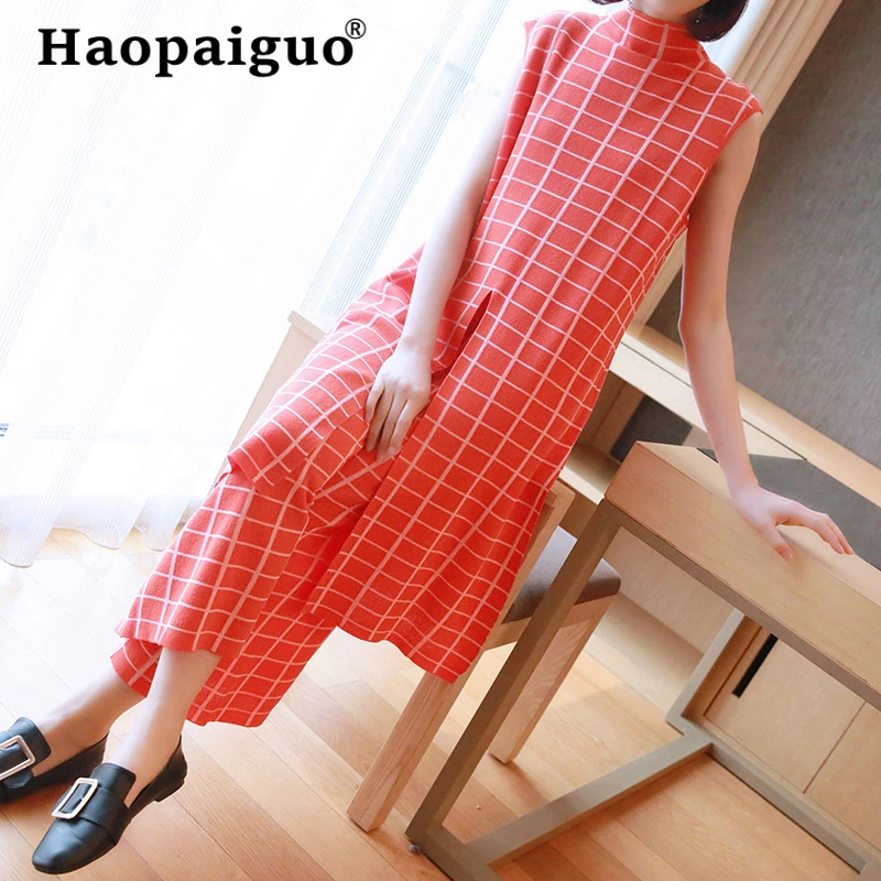 

Elegant Knitted 2 Piece Set Woman Print Plaid Sleeveless Long Knitting Top and Wide Leg Pants Set Casual Two Piece Suit 2019