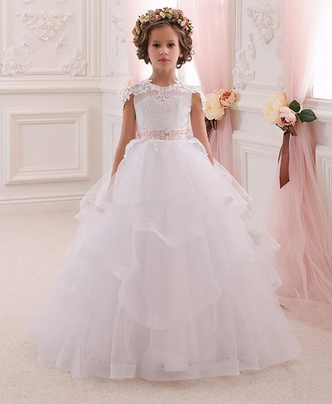 Hot-Pretty-Custom-White-Lace-Flower-Girl-Dresses-With-Belt-Tired-Tulle-Floor-Length-2016-Girls
