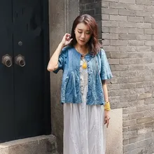 Женская Вышивка Хлопок Лен vintager короткая футболка летние дышащие кардиганы Топы женские с коротким рукавом полые льняные футболки