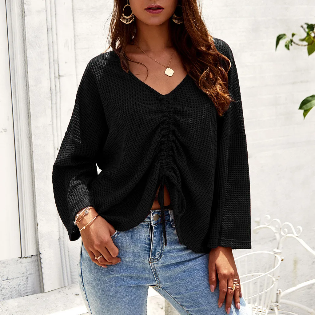 

Summer woman top Fashion Solid Ruffled Bow Long Sleeve V-Neck Casual Top Shirts Blouse Streetwear Blusa Feminina Camisas Mujer