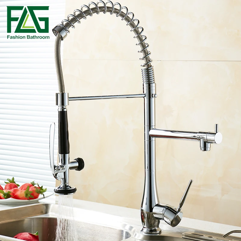 FLG Chrome Spring Pull Down Kitchen Faucet Dual Spouts 360 Swivel Handheld Shower Kitchen Mixer Crane Hot Cold Spring Taps