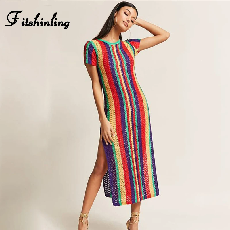 

Fitshinling Rainbow striped knitted beach dress bohemian split sexy hollow out pareos holiday short sleeve summer dresses women