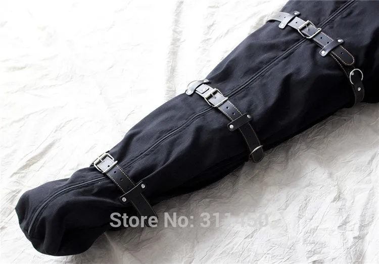 Черный холст рабства сна мешок с кожаными ремешками Оболочке Тела сдержанность Маска для ролевых игр готический костюм