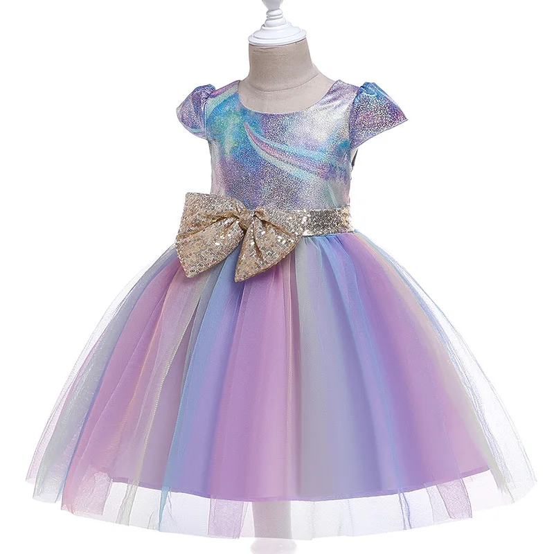 Girls Lace Rainbow Dress Children Sequined Bow Carnival Cosplay Dresses For Kids Birthday Dresses Girls Wedding Party Clothing (2)