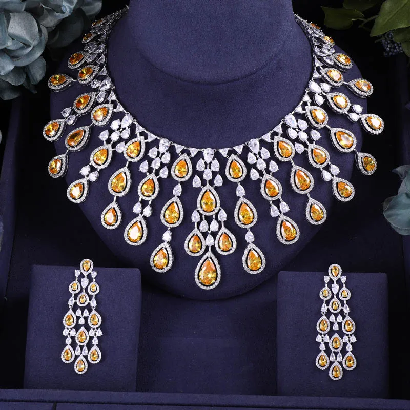 

Accking Trendy 2PCS Cubic Zirconia Necklace Earrings BIG SIZE For Women Party Wedding Jewelry Sets MULTICOLOR