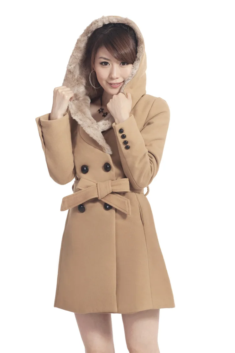 Женское длинное пальто с капюшоном для офиса, шерстяное пальто с широкой талией и двубортное пальто с поясом, женская одежда