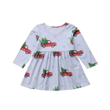 Рождественское платье для маленьких девочек ТРАПЕЦИЕВИДНОЕ платье принцессы с длинными рукавами и рисунком машины для девочек, платья для праздников, Рождественская одежда