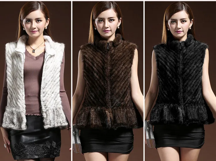 ZY88001 Winter Women's Genuine Knitted Mink Fur With Falbala V Line Mandarin Collar Vest Waistcoat Outerwear Coats ladies parka coats