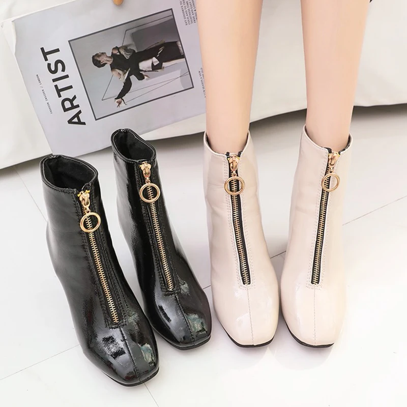 

Front circle zipper japanned leather botas mujer winter brand high heels ladies chelsea boots beige short martin booties women