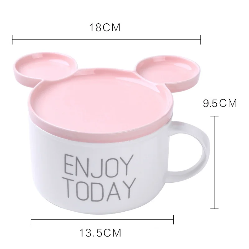 Глубокая миска с крышкой набор рисовая миска Ланч-бокс керамическая тарелка мультяшная миска мышь Домашняя большая емкость суповая чашка контейнер для еды 1 шт - Цвет: Pink