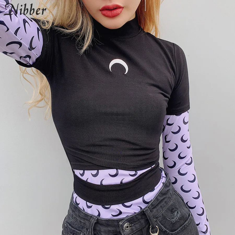 

Nibber summer fashion Crescent pattern hollow top women tshirt 2019 new Casual ladies Soft Turtleneck short sleeve stretch tees