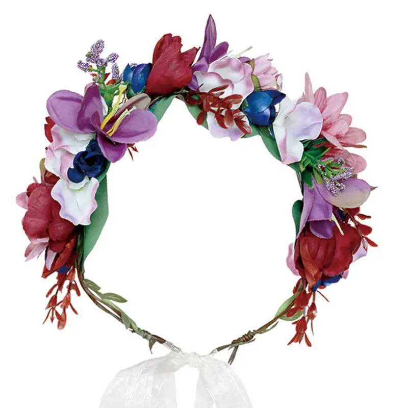

European Adult Kids Vintage Headband Simulation Colorful Flower Wreath Crown Adjustable Ribbon Bridal Hairband Party Photo Props