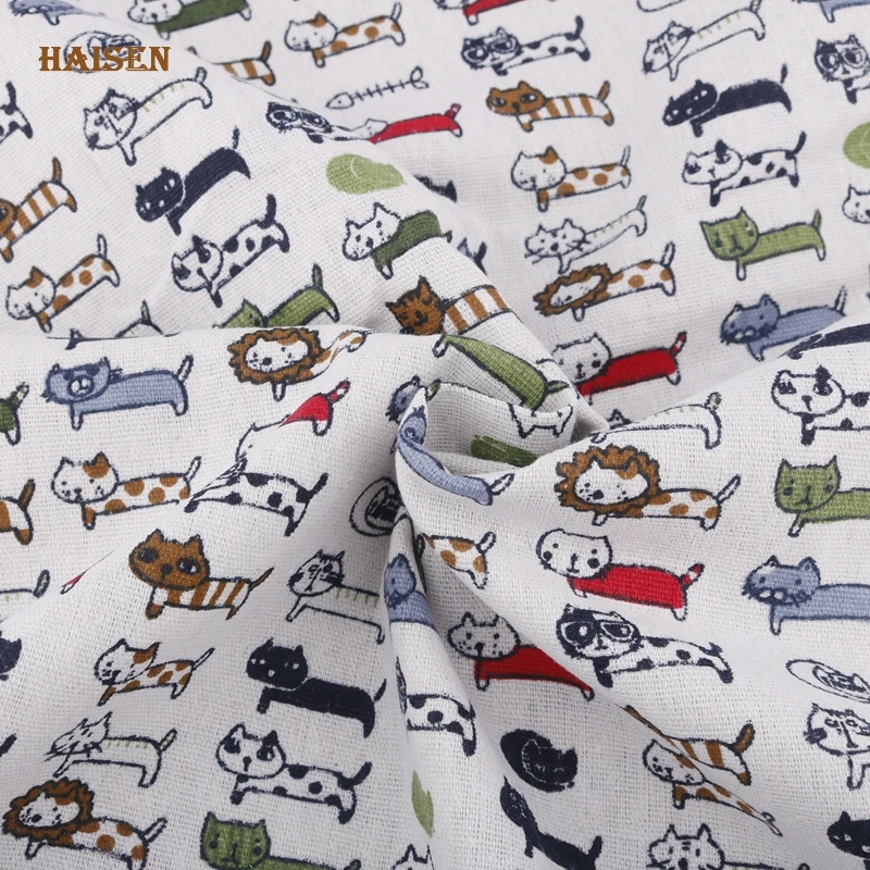 Haisen 50x150 см хлопковая льняная ткань с принтом кота из мультфильма для