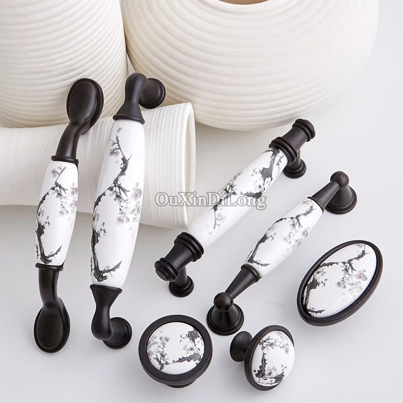 Vintage 10pcs European Retro Kitchen Door Handle Ink Bamboo Ceramic