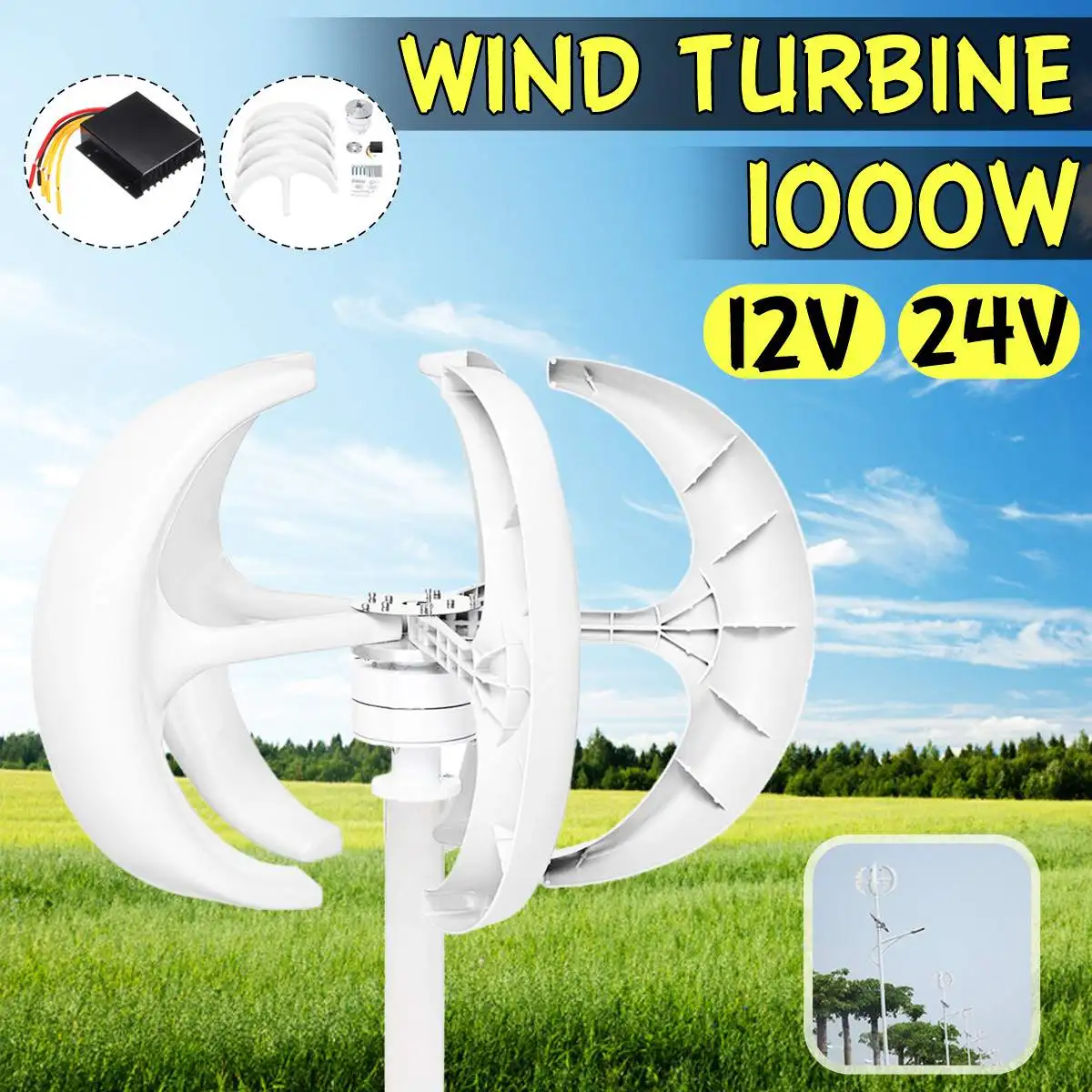 

1000W 12V 24V 5 Blades Vertical Axis Wind Turbines Generator Lantern Motor Kit For Home Hybrid Streetlight Use Electromagnetic