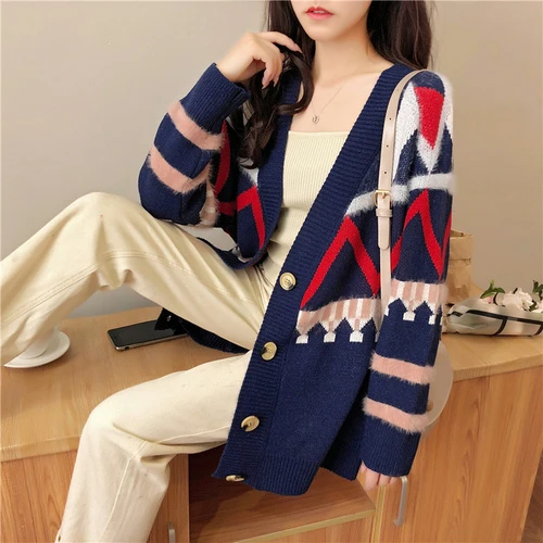 Геометрический женский кардиган однобортный вязаный жакет пальто корейский ленивый свитер зимняя одежда - Цвет: navy blue