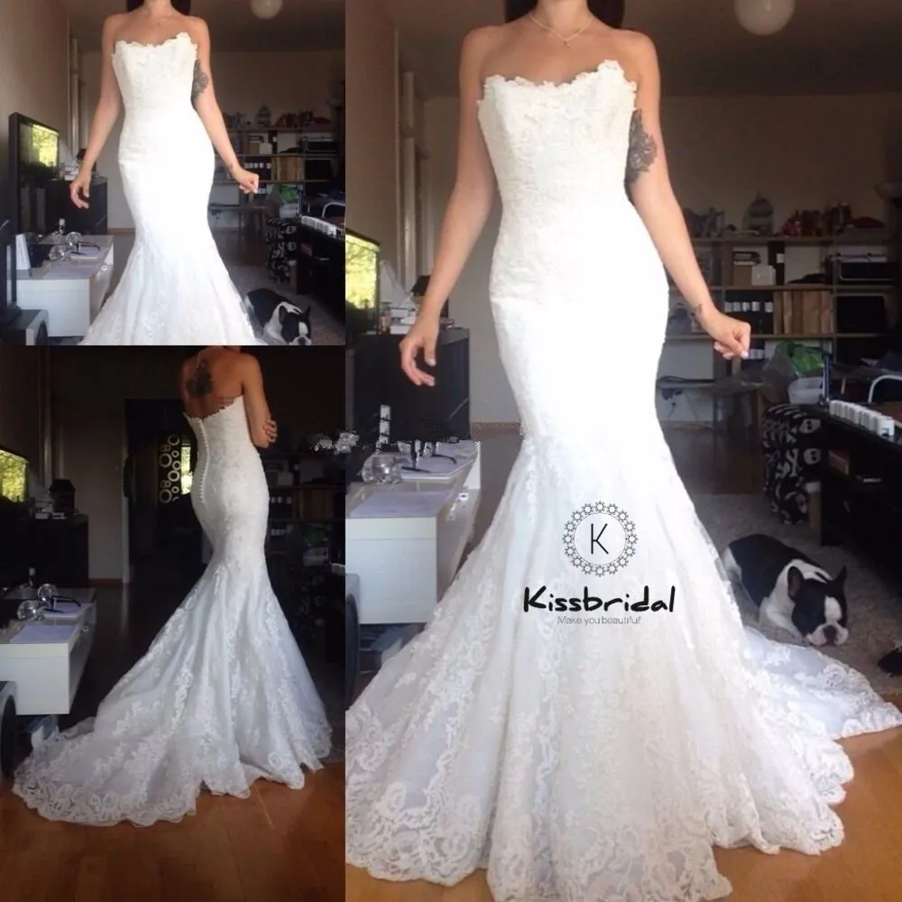 vestidos de novia Vintage Lace Wedding Dresses Strapless Button Back Sexy Mermaid Gowns Sweep Train | Свадьбы и торжества