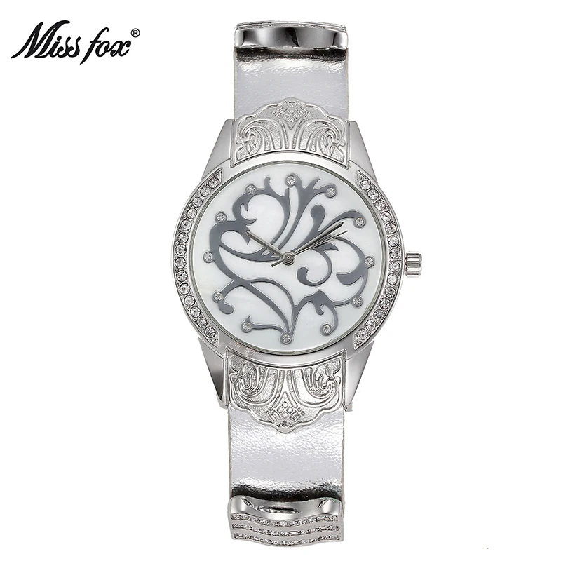 MISSFOX цветок специальные наручные часы модные повседневные Черные кожаные Ar китайские часы женские часы импортные жемчужные золотые часы