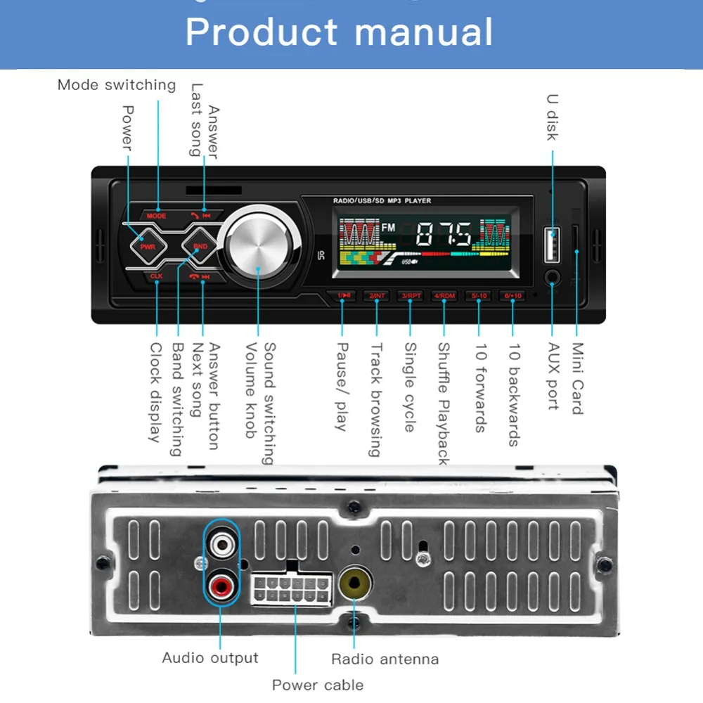 1Din 12V универсальный автомобильный стерео MP3 музыкальный плеер FM Радио BT AUX TF карта