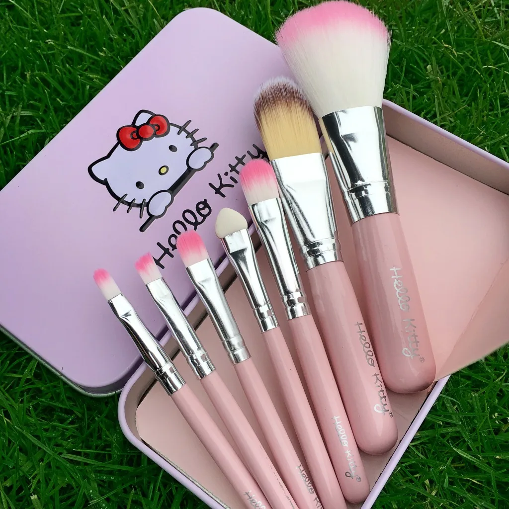 7 шт./компл. рисунок «Hello Kitty» милые металлическая коробка для путешествий Наборы пакет Портативный оборудование розового цвета, в виде мультяшного макияж кисти для макияжа на открытом воздухе набор инструментов
