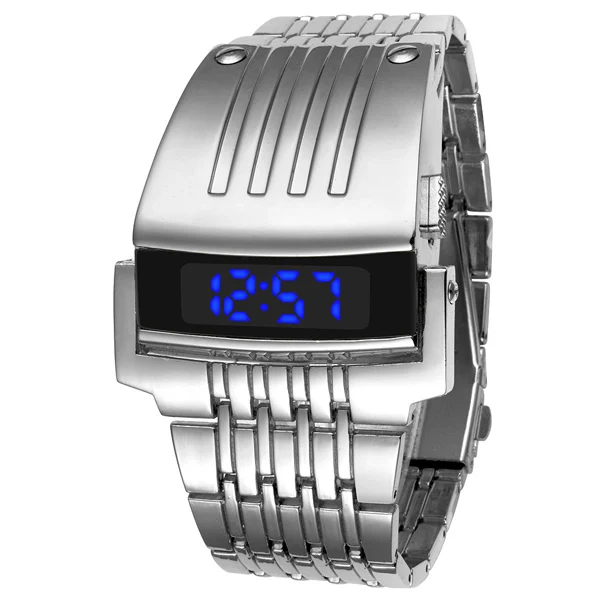 Мода Полный Сталь Led золото цифровые часы Для мужчин спортивные часы военные часы Железный человек браслет наручные часы - Цвет: Silver Blue Light