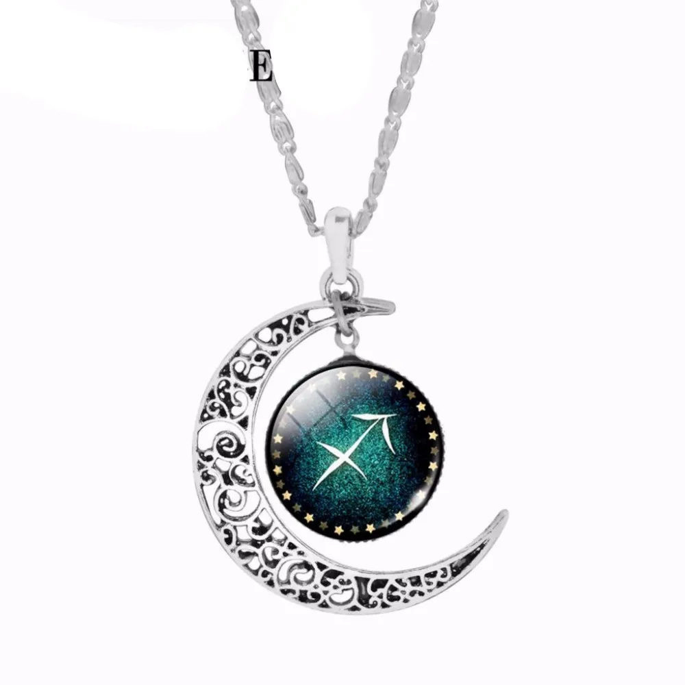 Zodiac Pendant Necklaces For Women Cabochon Glass Necklaces silver