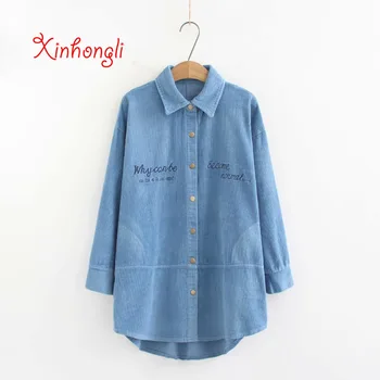 

Plus size Corduroy Embroidery Letter loose women shirts jacket 2019 spring casual ladies long sleeve blouse coats female tops