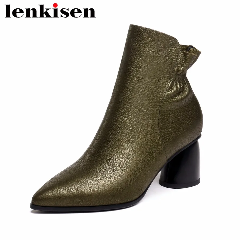 

Lenkisen european style pointed toe genuine leather round high heels large size zipper green black color women ankle boots L1f4