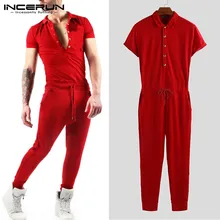 INCERUN, однотонный,, с короткими рукавами, с эластичной резинкой на талии, для мужчин, в европейском и американском стиле, комбинезон с лацканами, свободный, уличная мода, комбинезон 5XL