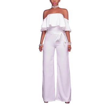 

New Women Off Shoulder Flouncing Ruffles Neck Sexy High Wasit Wide Leg Jumpsuit Playsuit Pants With Belt