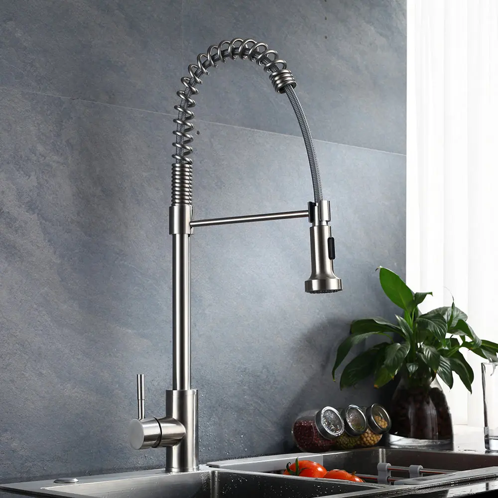 

Pull Out Kitchen Faucet SUS 304 stainless steel Brushed Nickle Faucets Spool Mixer Water Hot And Cold Double Control