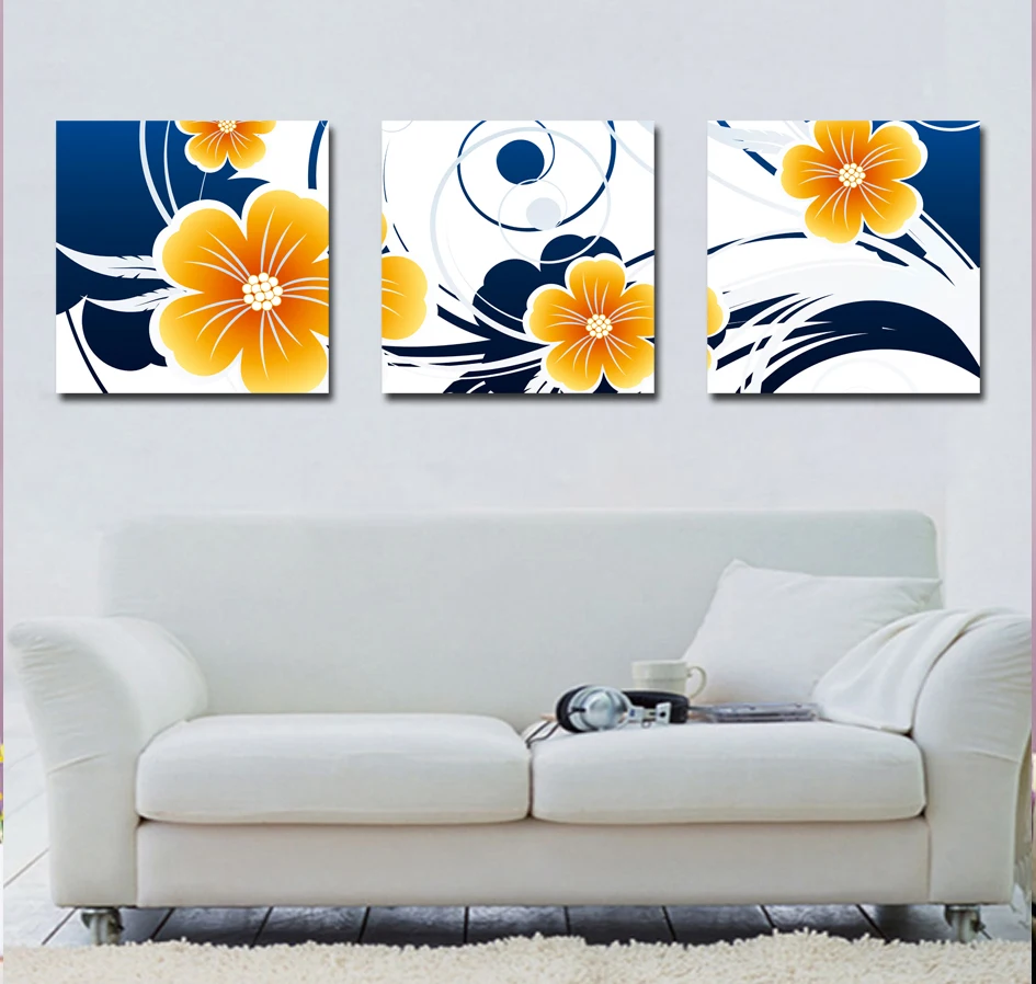 Beautiful 3 Pieces Gray Yellow Flower Floral Canvas Wall ...