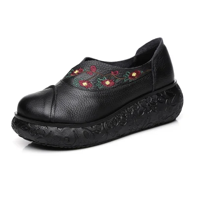 GKTINOO/Коллекция года; Женская Осенняя обувь из натуральной кожи на высоком каблуке; ручная работа; винтажные туфли на танкетке с вышитыми цветами; женские туфли-лодочки - Цвет: Черный