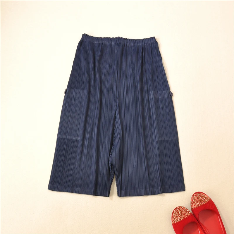 

MIYAKE PLEATS Pocket Low Crotch Hallen Pants Female Folded Broad-legged Pants free shipping